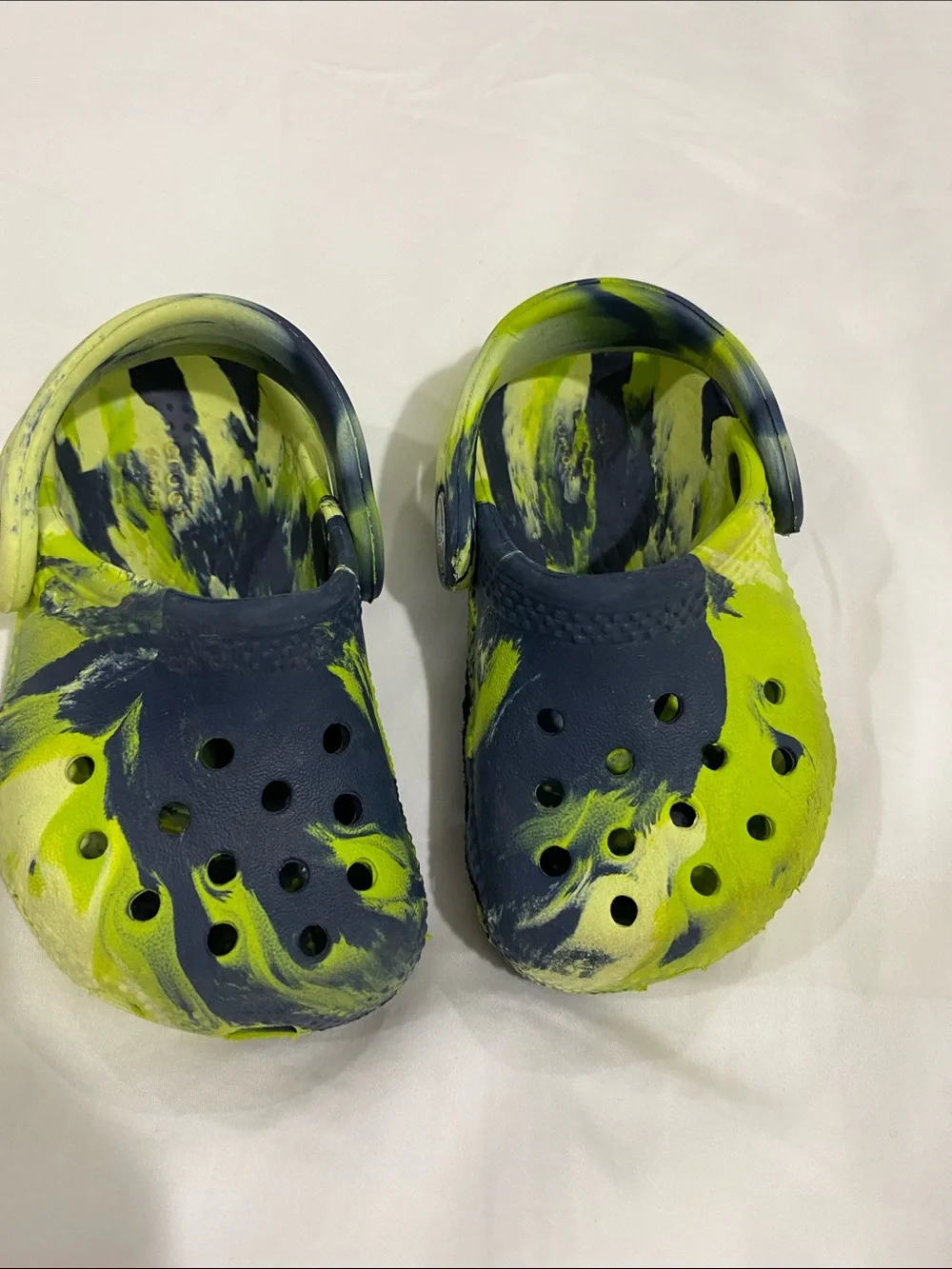 Baby Size 4 Neon Yellow/Green & Navy Tie Dye Crocs